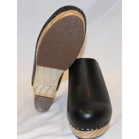 Nisolo Leather‎ Closed Toe Slip On Wooden All Day Mule Heeled Clogs BLACK - Picture 6 of 6